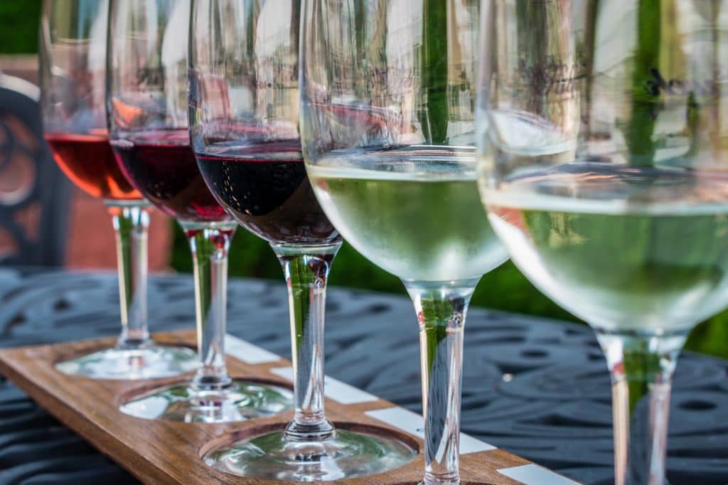 Glasses of wine lined up for a wine tasting